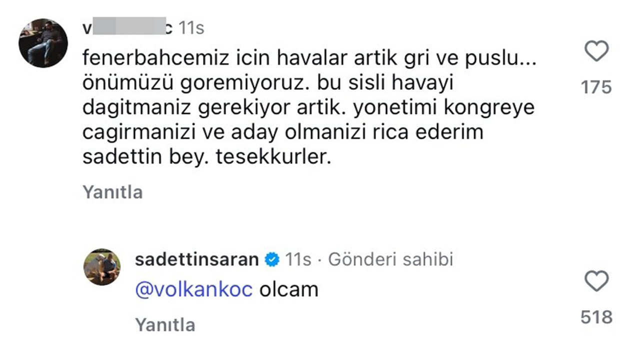 Kayserispor ile kendi sahasında 3-3 berabere kalarak, Şampiyonluk yarışında Galatasaray'ın 5 puan gerisine düşen Fenerbahçe'de bir önceki seçimlerde Ali Koç lehine adaylıktan çekilen ünlü iş insanı Sadettin Saran bir sonraki seçimlerde aday olacağını açıkladı.