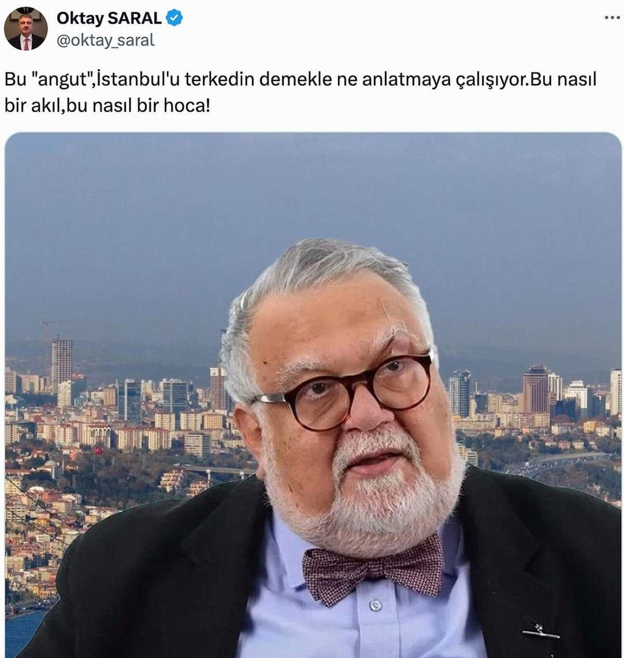 Prof. Dr. Celal Şengör’ün "İstanbul’u terk edin" paylaşımına dikkat çeken tepki Cumhurbaşkanı Erdoğan’ın başdanışmanlarından olan Oktay Saral'dan geldi. Saral Prof. Dr. Celal Şengör için ''Bu "angut", İstanbul'u terkedin demekle ne anlatmaya çalışıyor. Bu nasıl bir akıl, bu nasıl bir hoca ?'' ifadelerini kullandı.