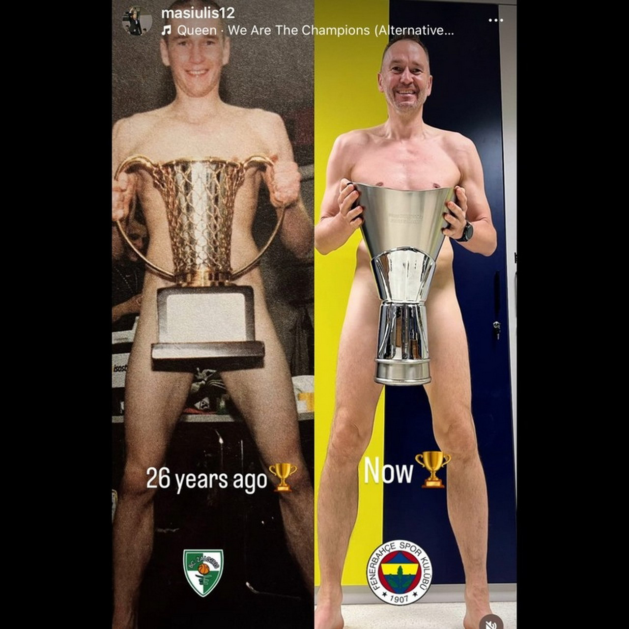Fenerbahçe Beko, THY Euroleague'de şampiyon olarak sarı-lacivertli formayı potada Avrupa'nın zirvesine taşırken, Fenerbahçe Beko Yardımcı Antrenörü Tomas Masiulis, 26 yıl önceki kupa zaferiyle verdiği çıplak pozunu EuroLeague şampiyonluk kupasıyla tekrarladı...