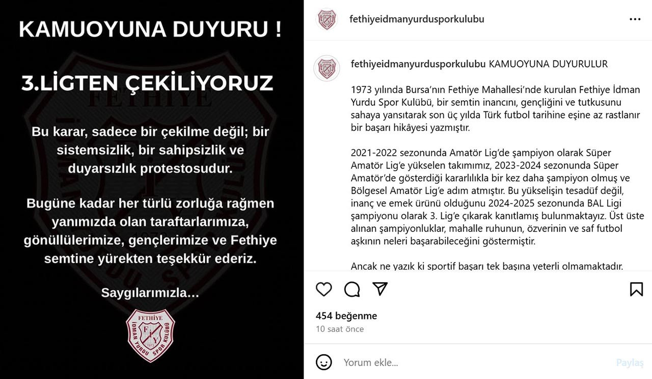 Bölgesel Amatör Ligi'nde şampiyon olarak TFF 3'üncü Lig'e yükselen Bursa temsilcisi Fethiye İdman Yurdu Spor Kulübü, maddi imkansızlıklar nedeniyle ligden çekildiğini açıkladı. 