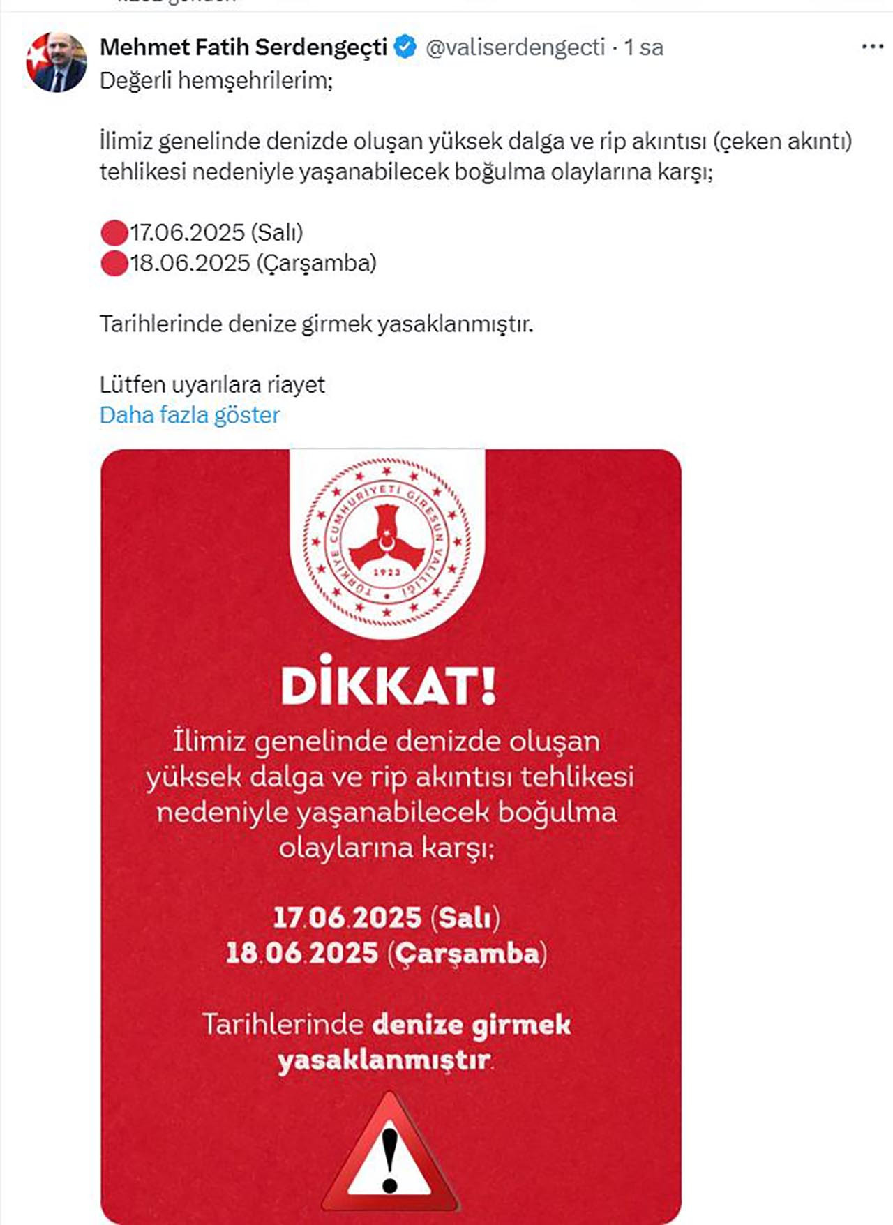 Ordu'nun ardından Giresun'da da olumsuz hava koşulları nedeniyle bugün ve yarın denize girmek yasaklandı.