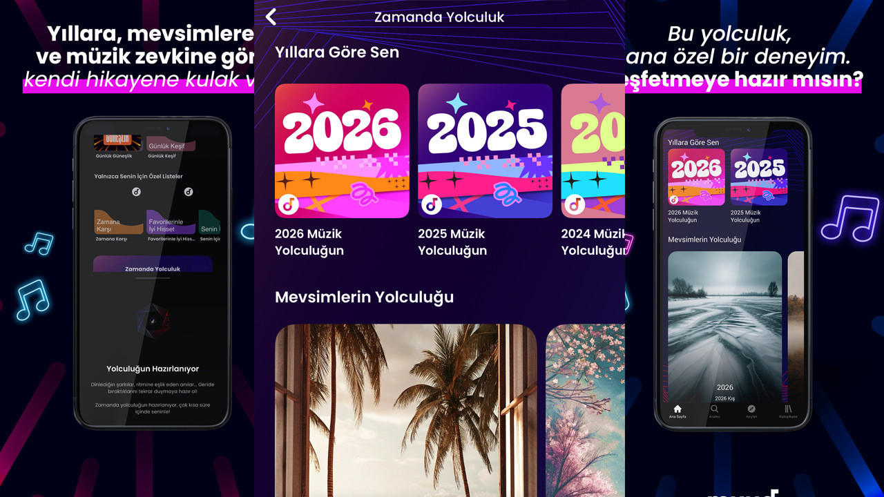 Muud dijital müzik platformu logosu ve 'Zamanda Yolculuk' özelliğini temsil eden grafikler.