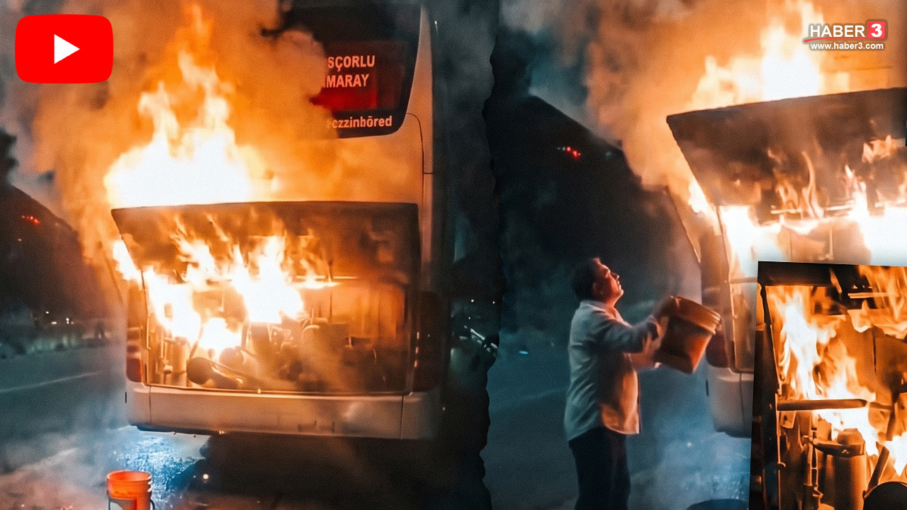 Samsun'un Havza ilçesinde seyir halindeyken motor kısmında yangın çıkan yolcu otobüsü.