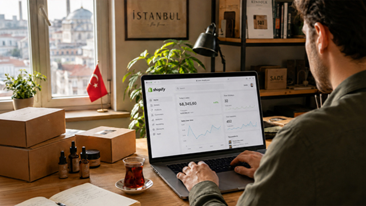 Türk girişimcilerin Shopify ile kendi e-ticaret mağazalarını açtığı bir görsel