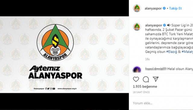 Alanyaspor, Malatya maçı tribün gelirlerini depremzedelere bağışladı