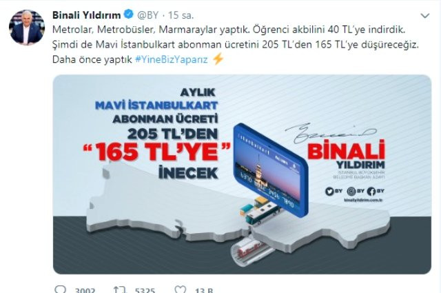 Binali Yildirim Dan Yeni Secim Vaadi Mavi Kart Abonman Ucreti 165 Tl Olacak Politika